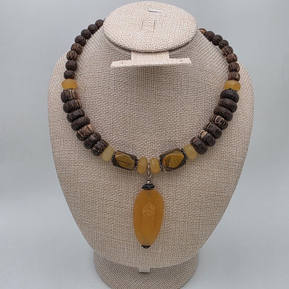 Silpada Jewelry - Vtg SILPADA Necklace Honey Jade, Tiger's Eye, 925 Sterling Silver, Wood Bead 16"